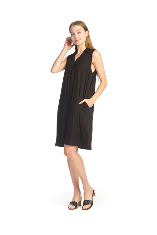 PD14703 BLACK Stretchy Collared Dress with Pockets