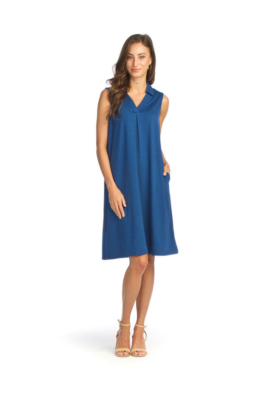 PD14703 BLUE Stretchy Collared Dress with Pockets
