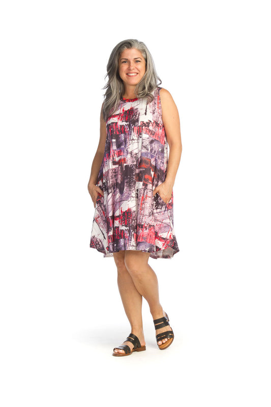 PD14724 MULTI Abstract Colorful Aline Dress with Pockets