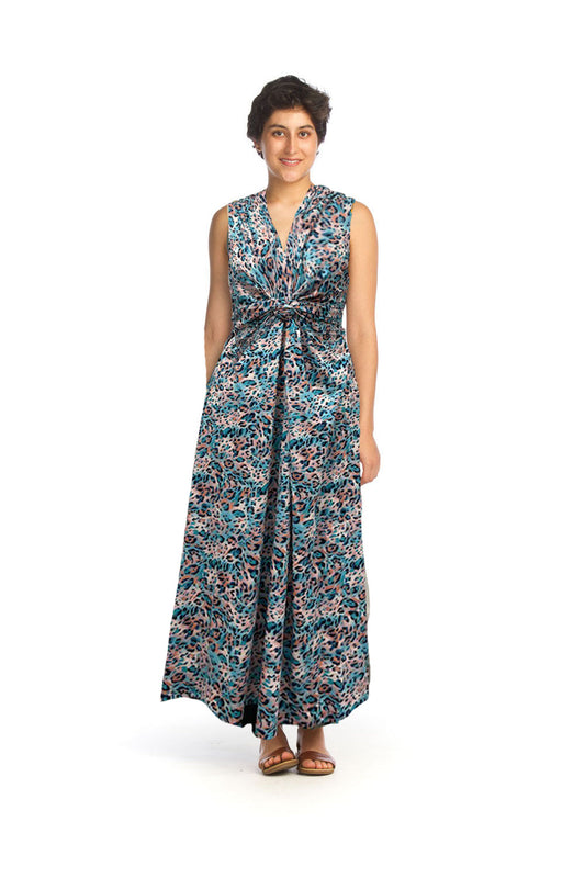 PD14737 GREEN Printed Front Knot Stretch Maxi Dress