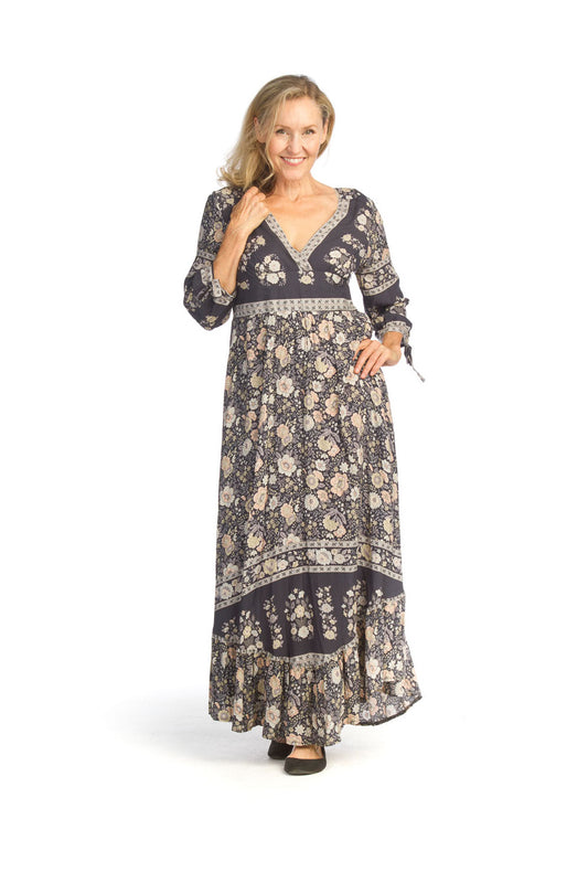 PD14752 GREY Floral Border Print Empire Waist Maxi with Tie sle