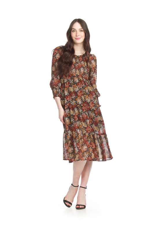 PD15506 RUST Floral Georgette Print Smocked Tiered Maxi Dress