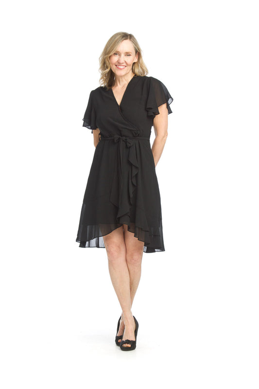 PD15520 BLACK Flutter Sleeve Wrap Look Dress