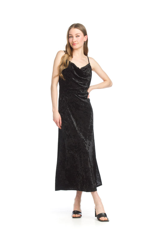 PD15536 BLACK Drape Neck Velvet Dress with Front Split
