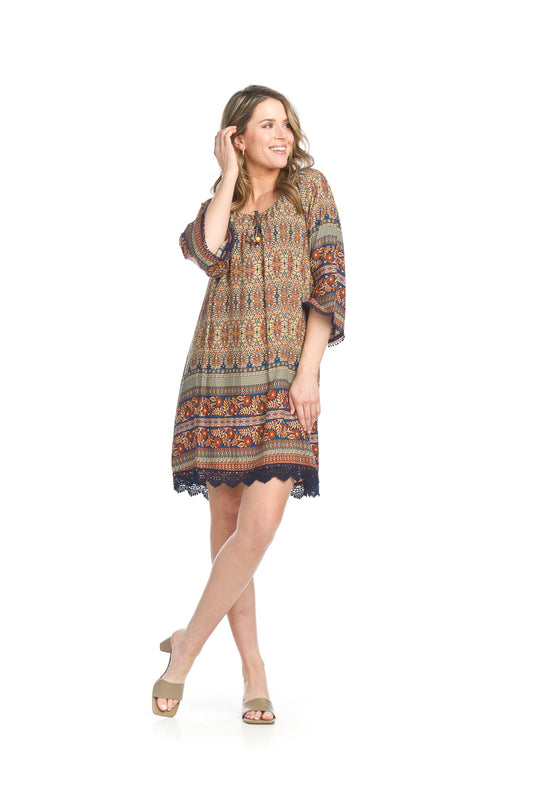 PD16505 KHAKI Global Print OTS Dress with Lace Trim