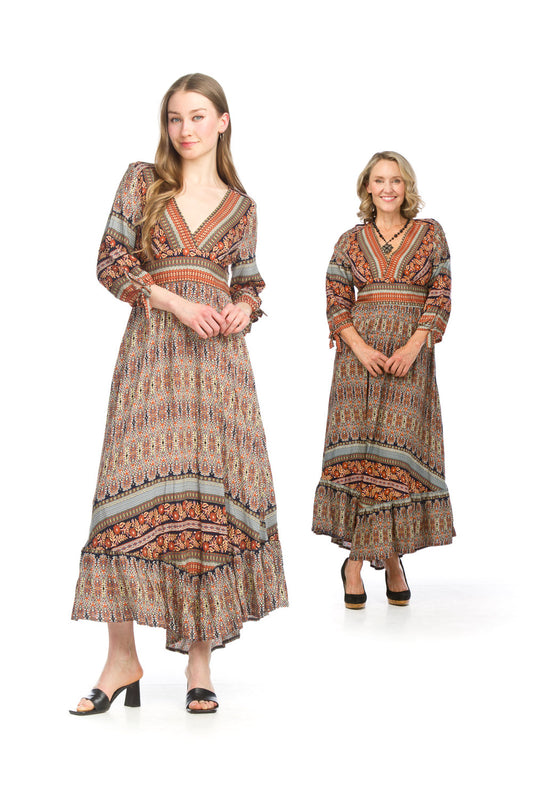 PD16506 KHAKI Global Print Empire Waist Dress with Tie Sleeves