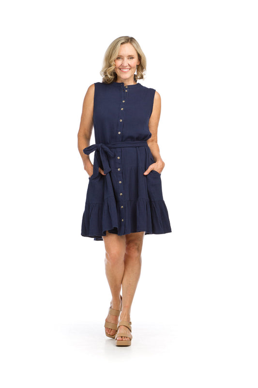 PD16514 NAVY Sleeveless Gauge Button Front D w Pockets & Belt