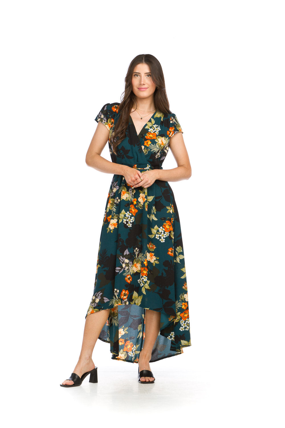 PD16516 TEAL Crepe Floral Print High Low Maxi w Wrap Top