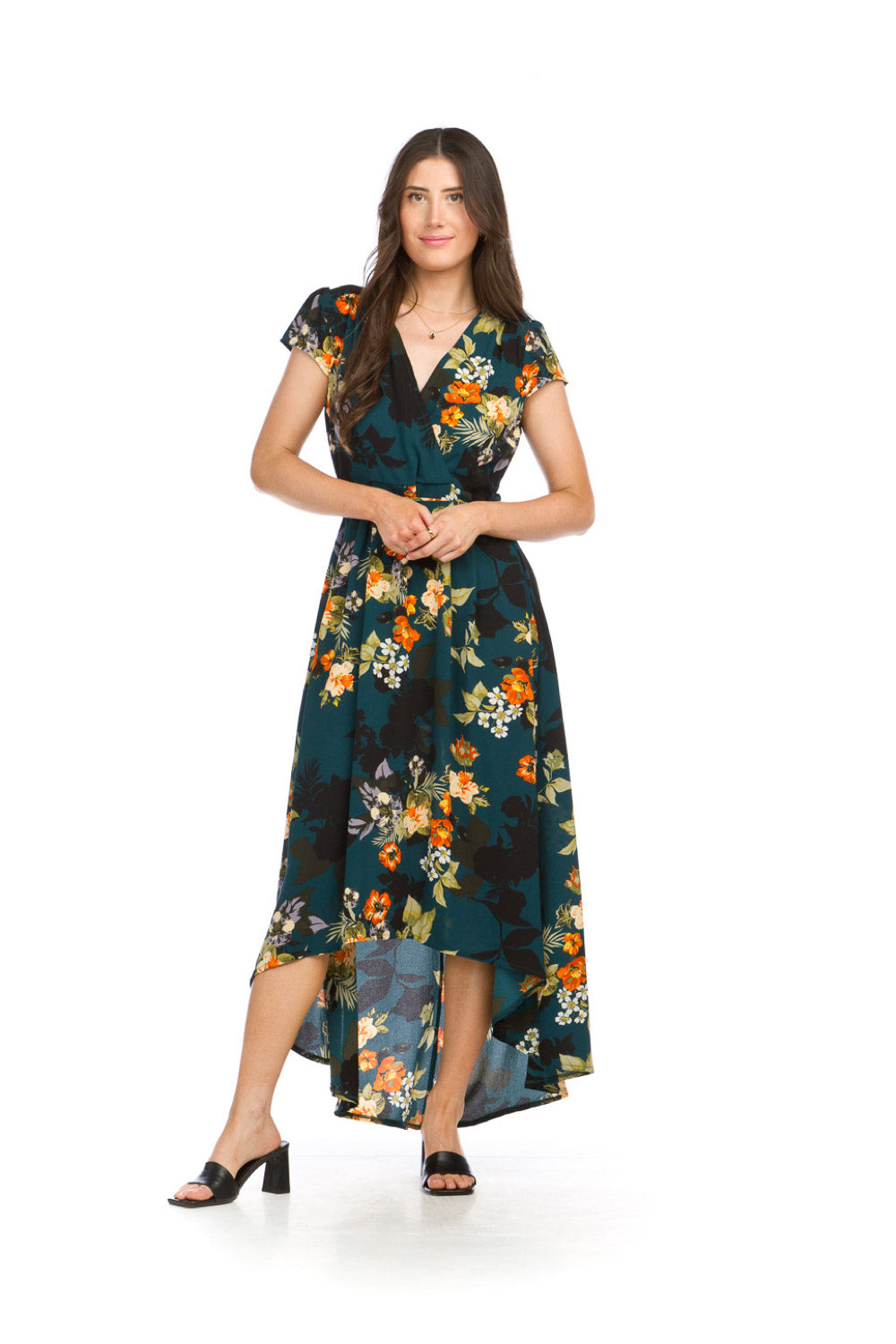 PD16516 TEAL Crepe Floral Print High Low Maxi w Wrap Top