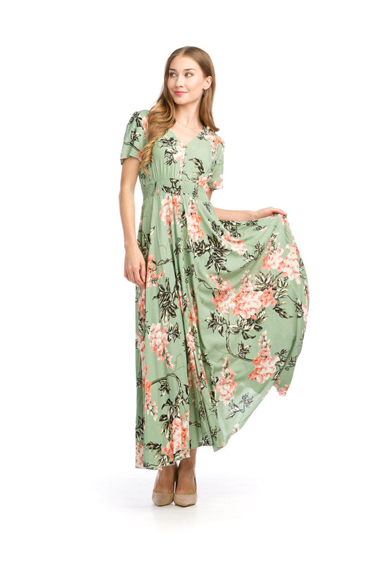 PD16517 MINT Floral Print Short Sleeve Button Front Maxi