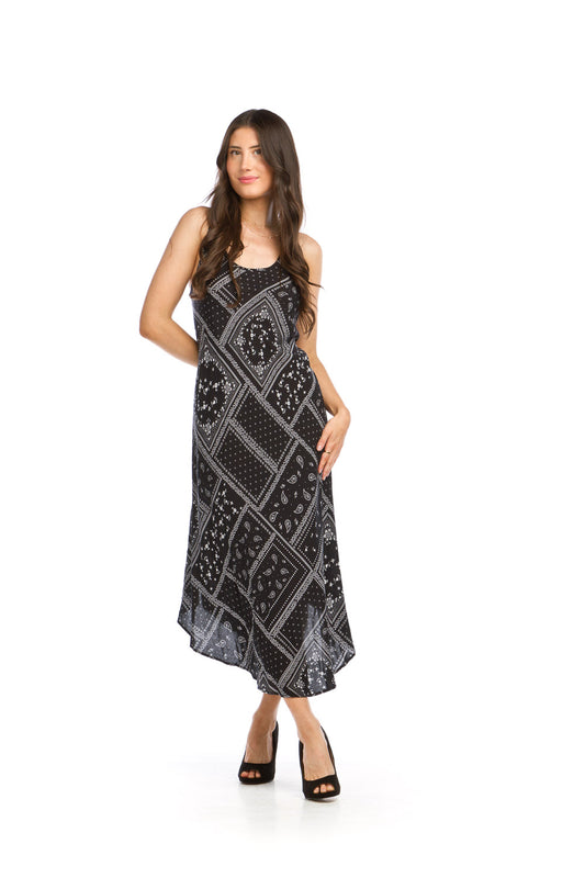 PD16518 BLACK Geo Paisley Print A-Line Sleeveless Maxi Dress