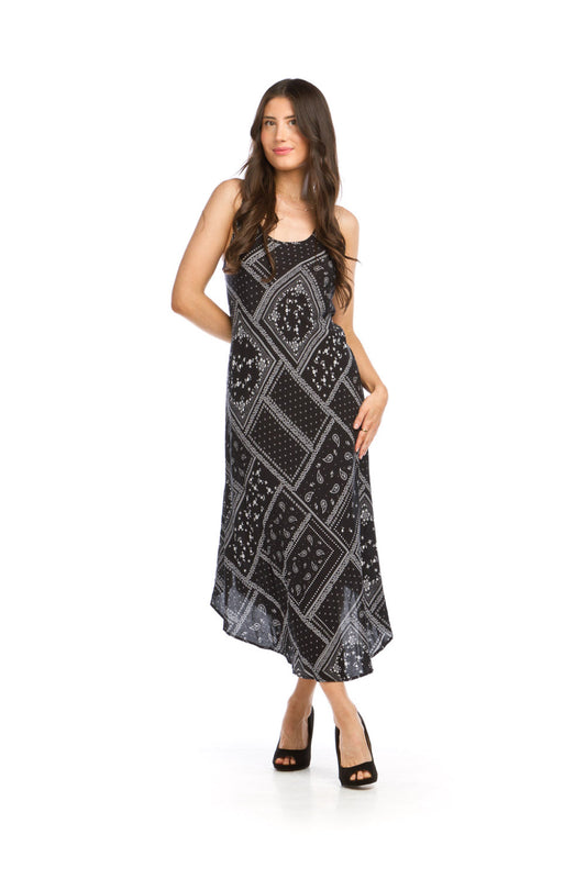 PD16518 BLACK Geo Paisley Print A-Line Sleeveless Maxi Dress