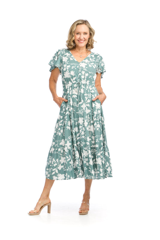 PD16522 SAGE Shadow Floral Flutter Sleeve Tiered Midi