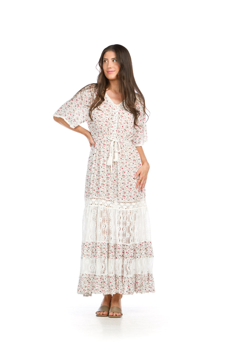 PD16526 WHITE Ditsy Floral & Lace Tiered Maxi w Side Slit & Pkts