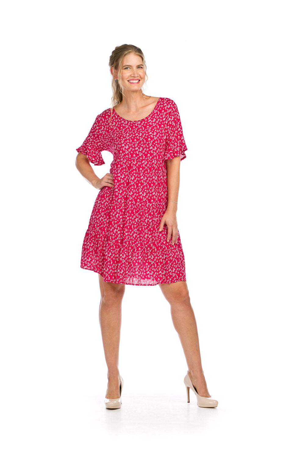 PD16527 FUCHS Ditsy Floral Short Sleeve Tiered Dress w Pockets