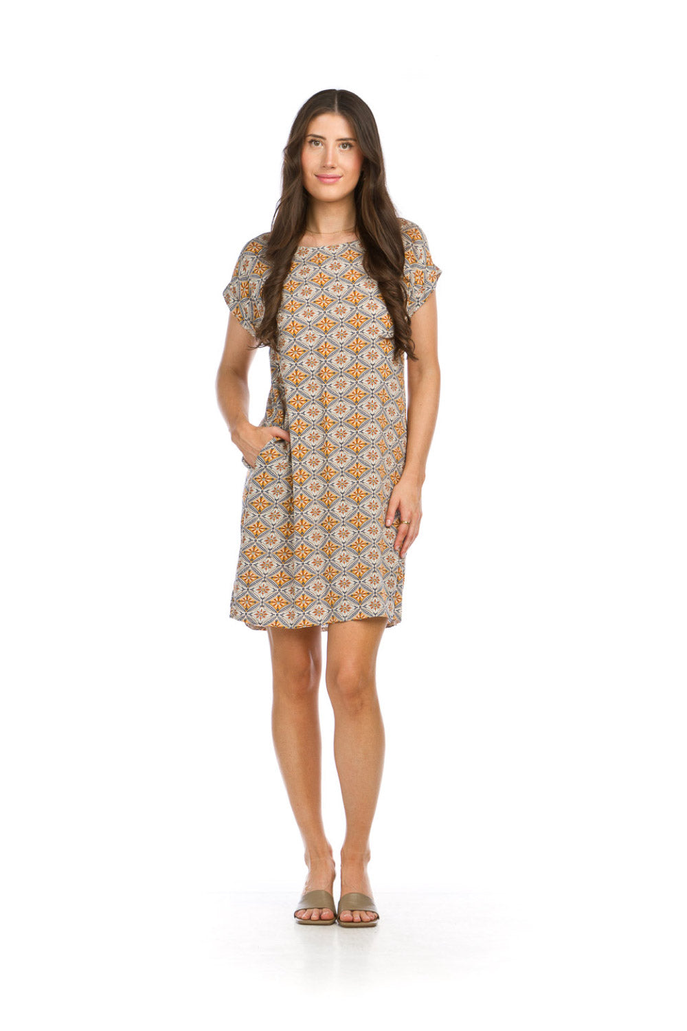 PD16530 BEIGE Medallion Print Shift Dress with Pockets