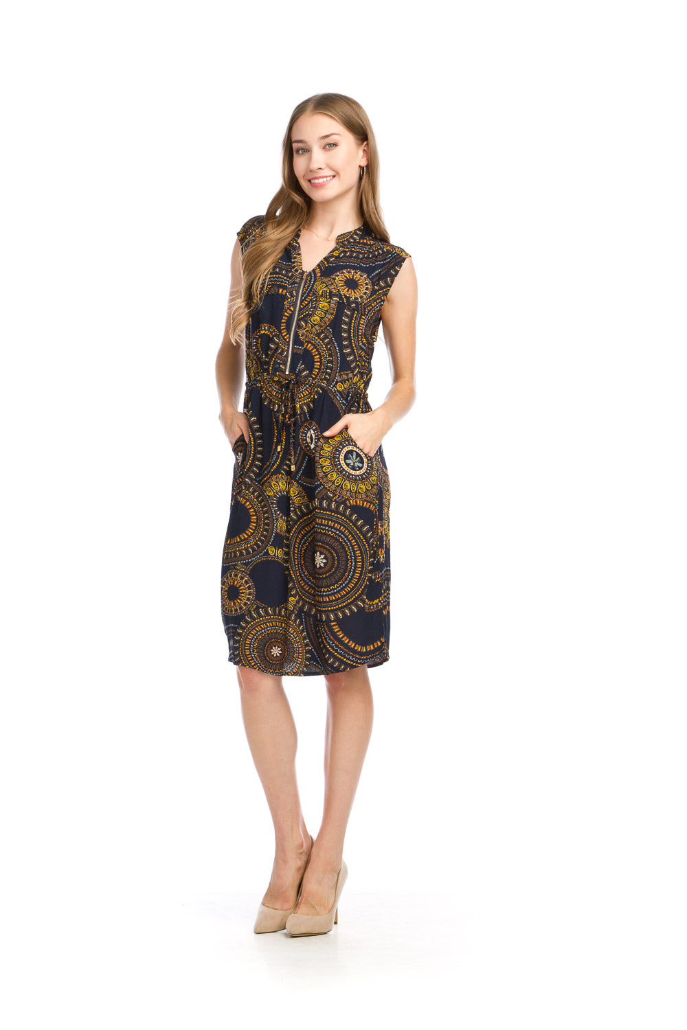 PD16532 NAVY Medallion Print Zip Detail Short Dress w Tie Waist