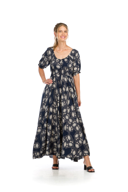 PD16536 NAVY Dot Floral Print OTS Maxi with Smocking Waist