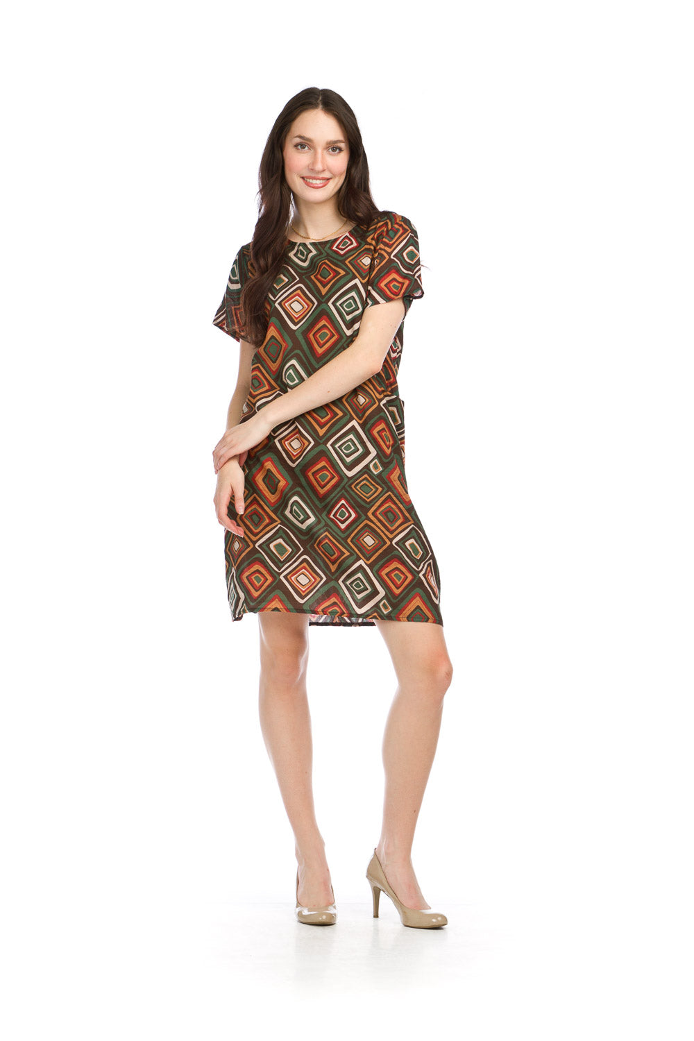 PD16538 GREEN Geo Print Shift Dress with Pockets