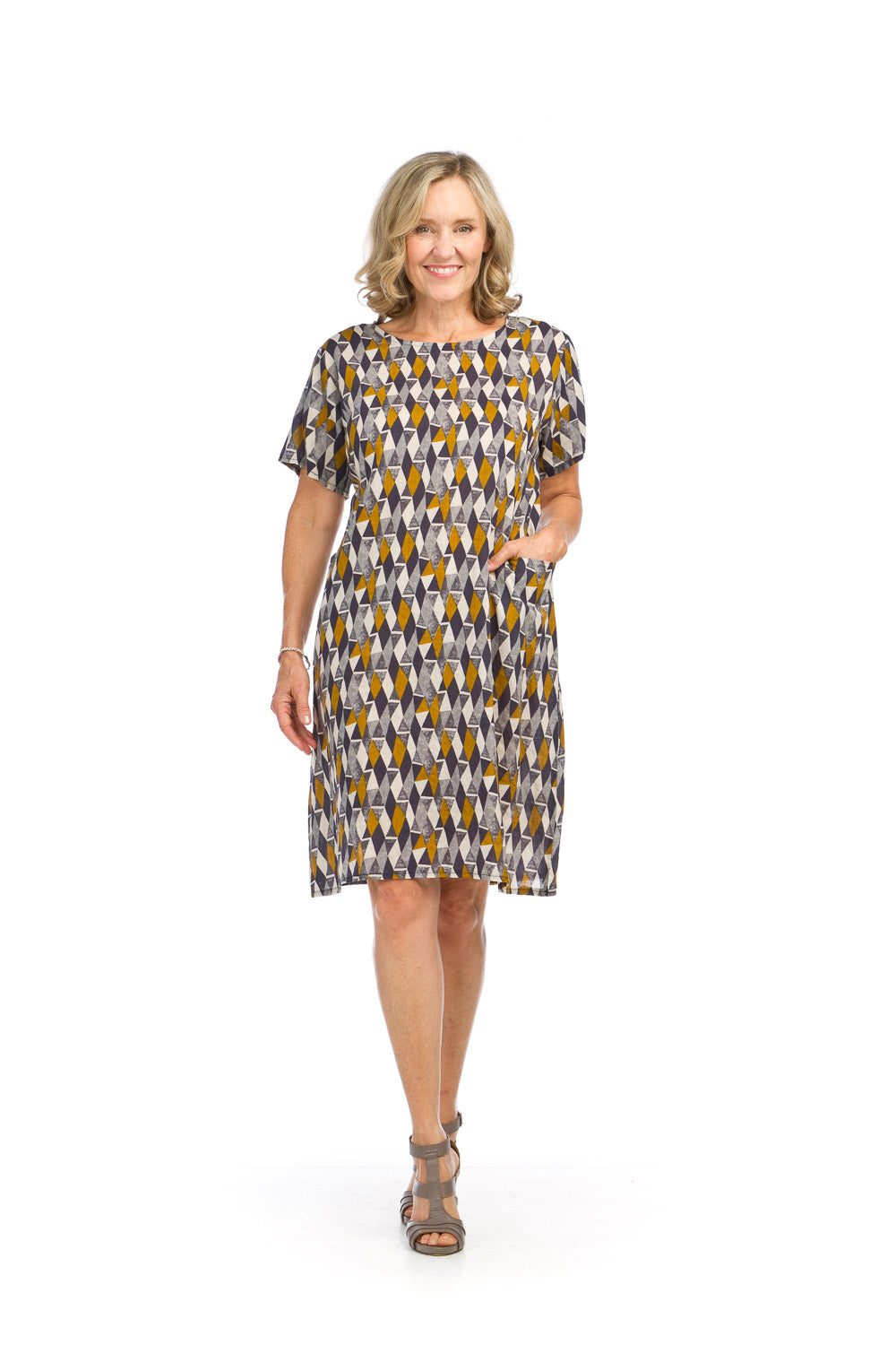 PD16539 INDIG Geo Print Shift Dress with Pockets