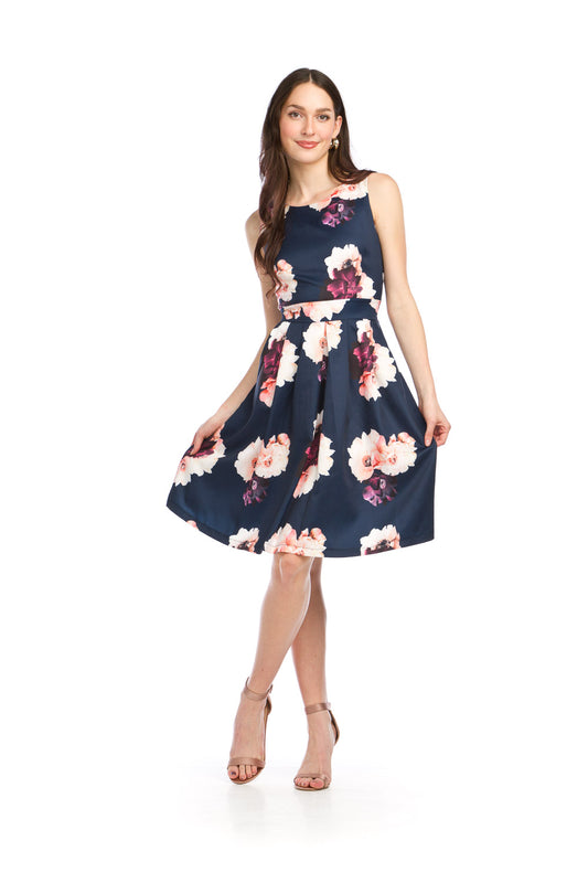 PD16541 NAVY Big Floral Print Sleeveless Dr w Box Pleat Skirt