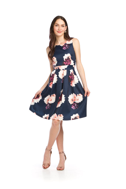 PD16541 NAVY Big Floral Print Sleeveless Dr w Box Pleat Skirt