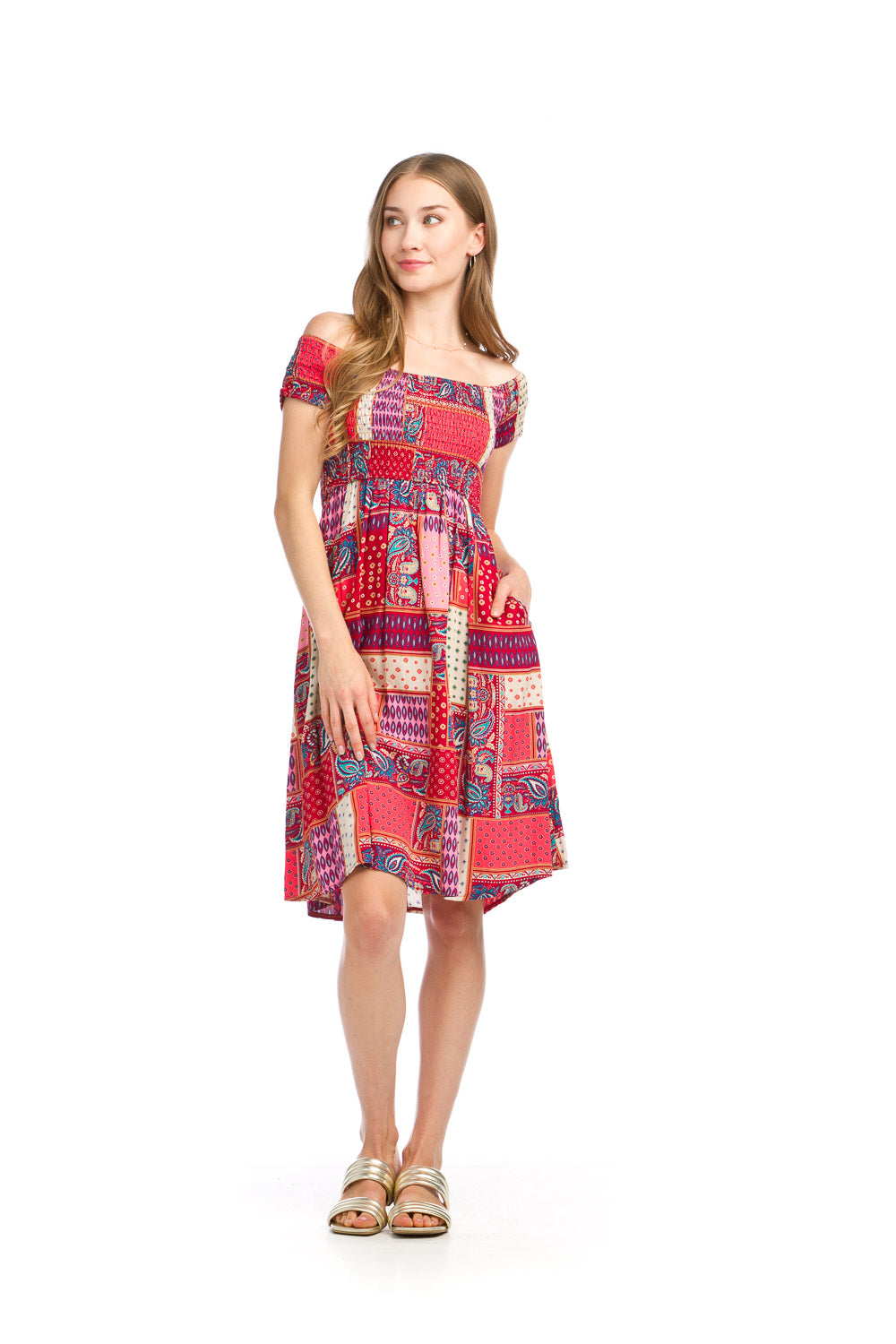 PD16542 RED Patch Print Dress with Smocking Top