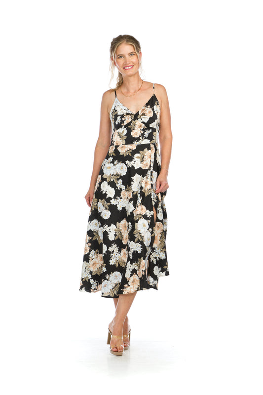 PD16551 BLACK Floral Knotted Satin Finish Dress