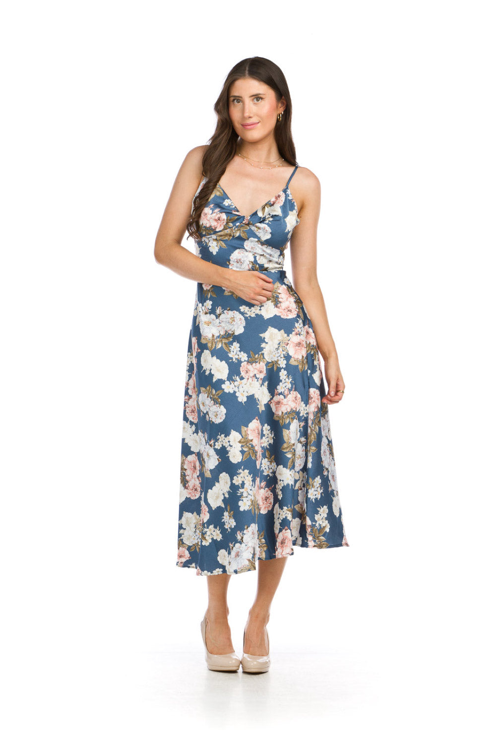 PD16551 BLUE Floral Knotted Satin Finish Dress