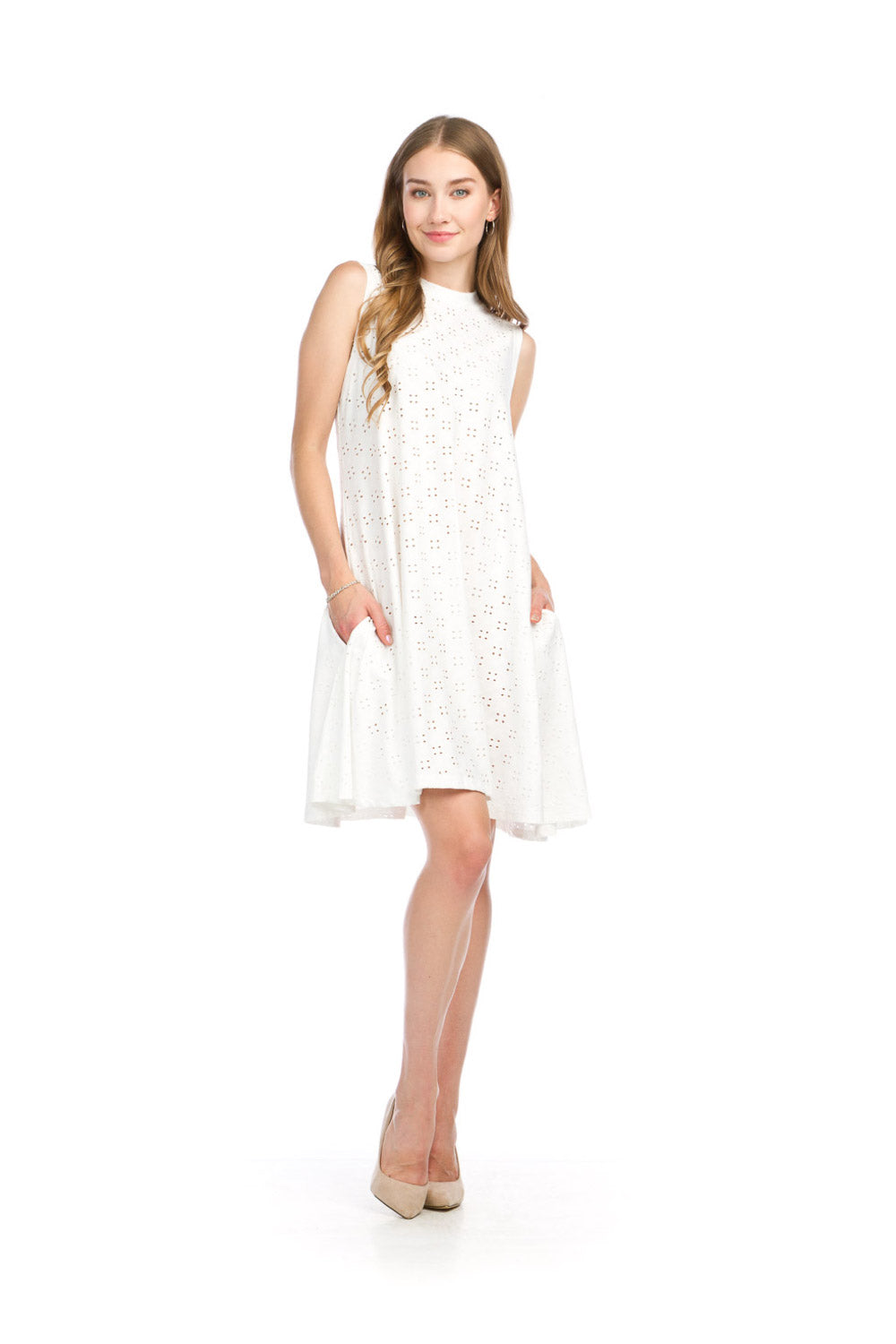 PD16556 WHITE Stretch Eyelet A-Line Dress woth Pockets