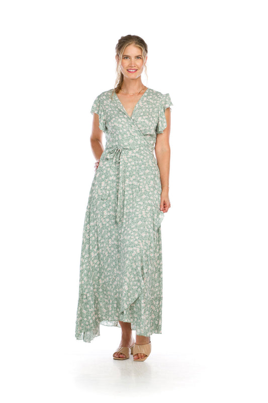 PD16558 GREEN Floral High Low Wrap Dress