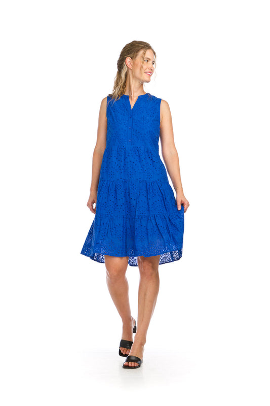 PD16560 ROYAL Cotton Eyelet Tiered Henley Dress