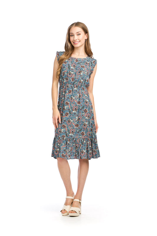 PD16563 GREY Floral Midi Dress w Smocked Waist & Ruffle Sleeves