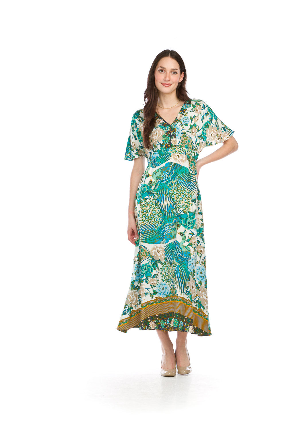 PD16565 GREEN Peacock Printed Maxi  Dress with Dolman Sleeves