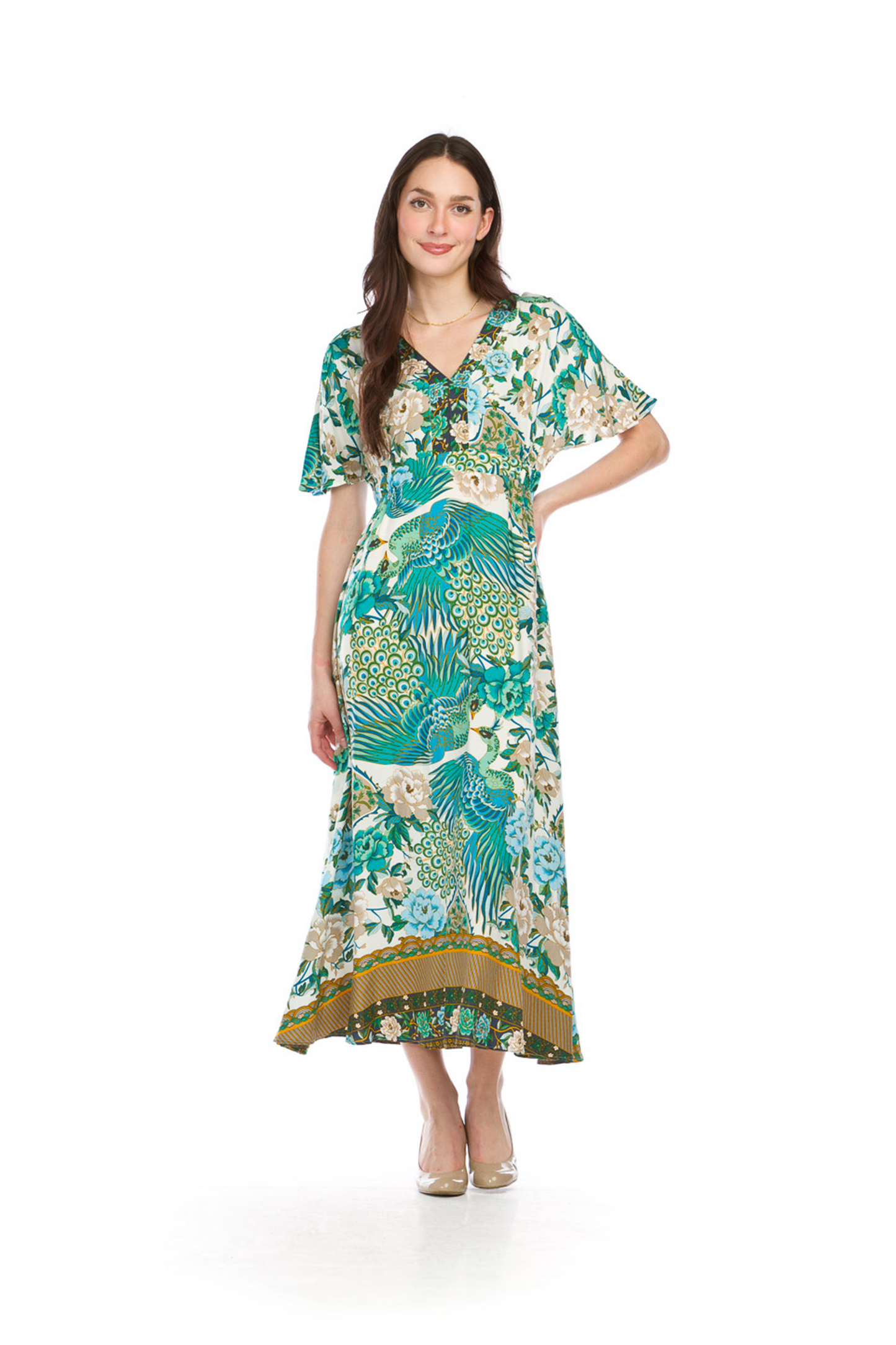 PD16565 GREEN Peacock Printed Maxi  Dress with Dolman Sleeves