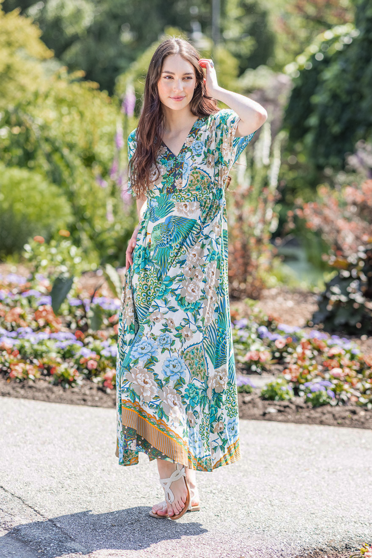 PD16565 GREEN Peacock Printed Maxi  Dress with Dolman Sleeves