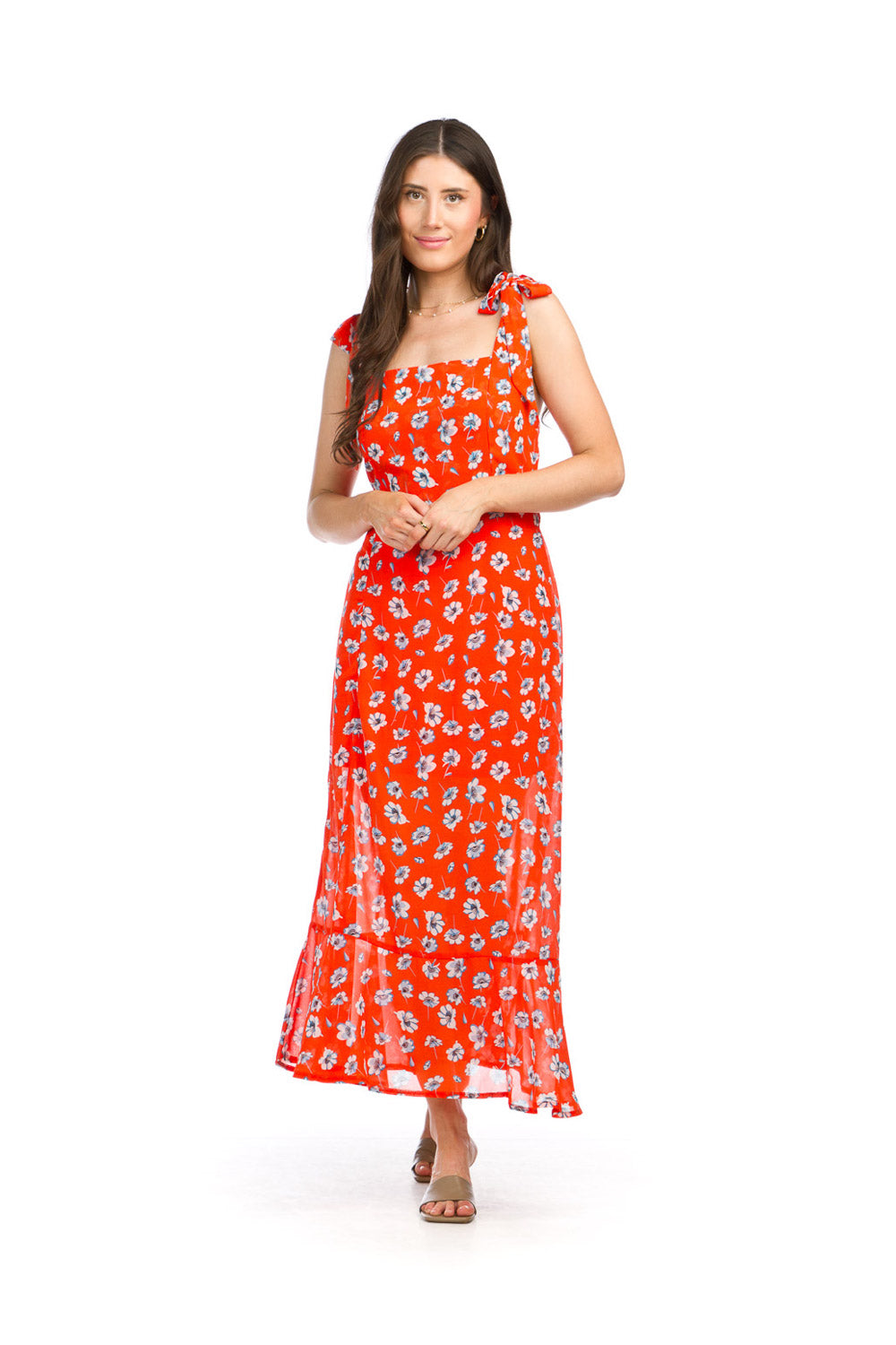 PD16567 ORANG Floral Square Neck Georgette Dress with Tie Belt