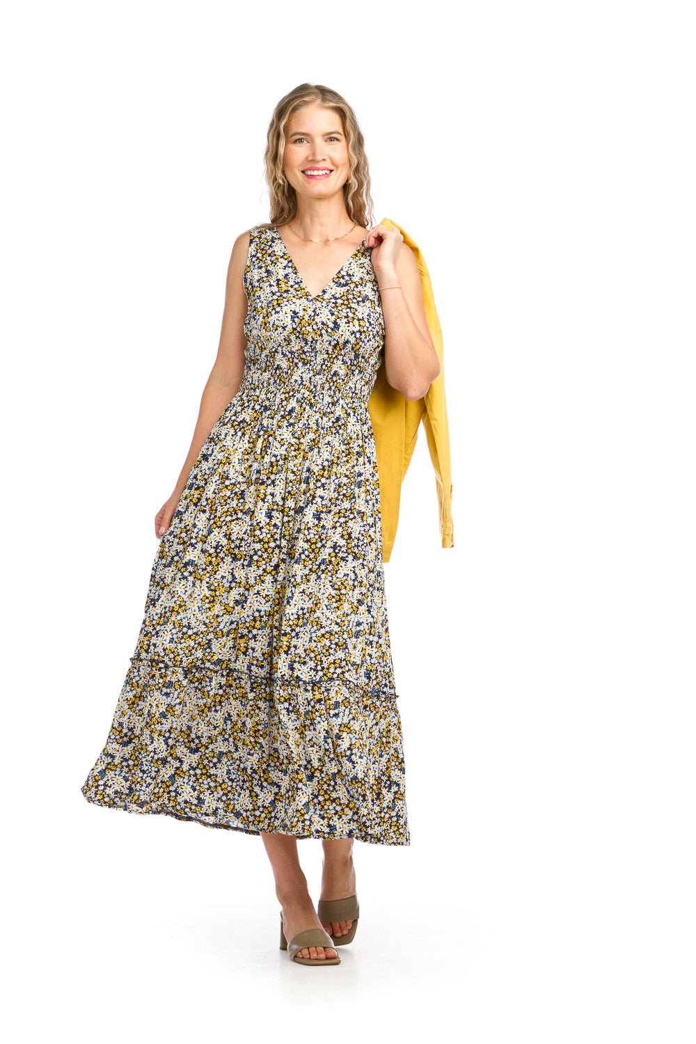 PD16569 BLACK Floral Print V Neck Midi Dress with Elastic Waist