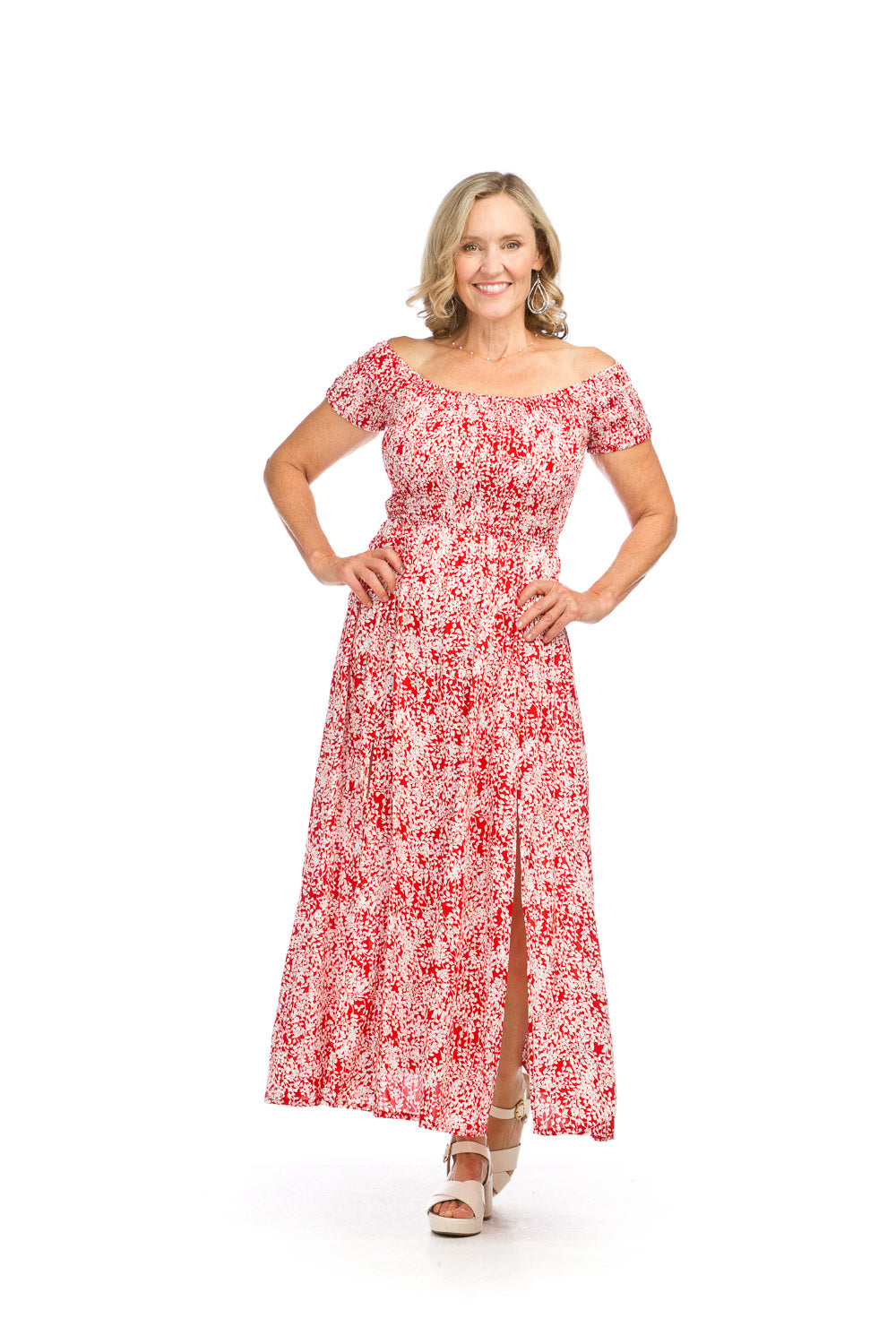 PD16571 CORAL Floral Smocked OTS Maxi Dress