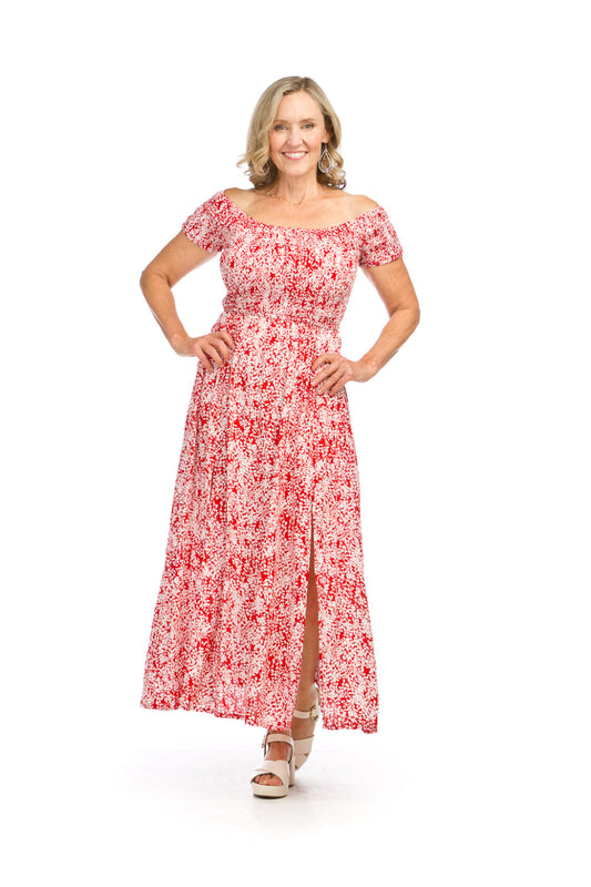 PD16571 CORAL Floral Smocked OTS Maxi Dress