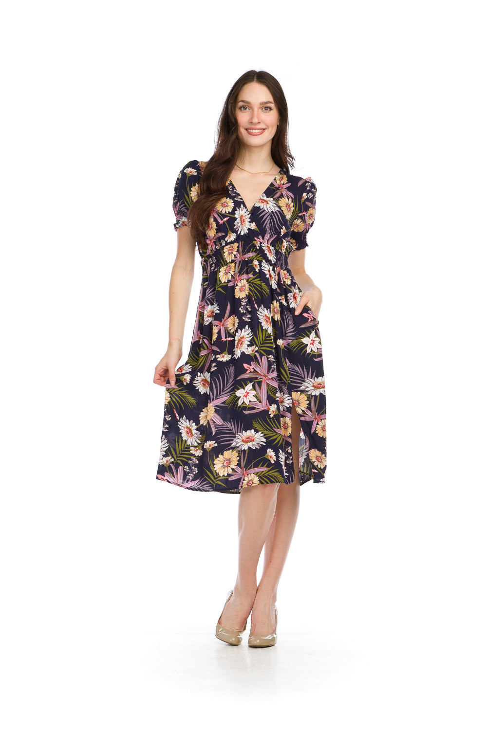 PD16579 NAVY Floral Puff Sleeve Dress with Elastic Waist