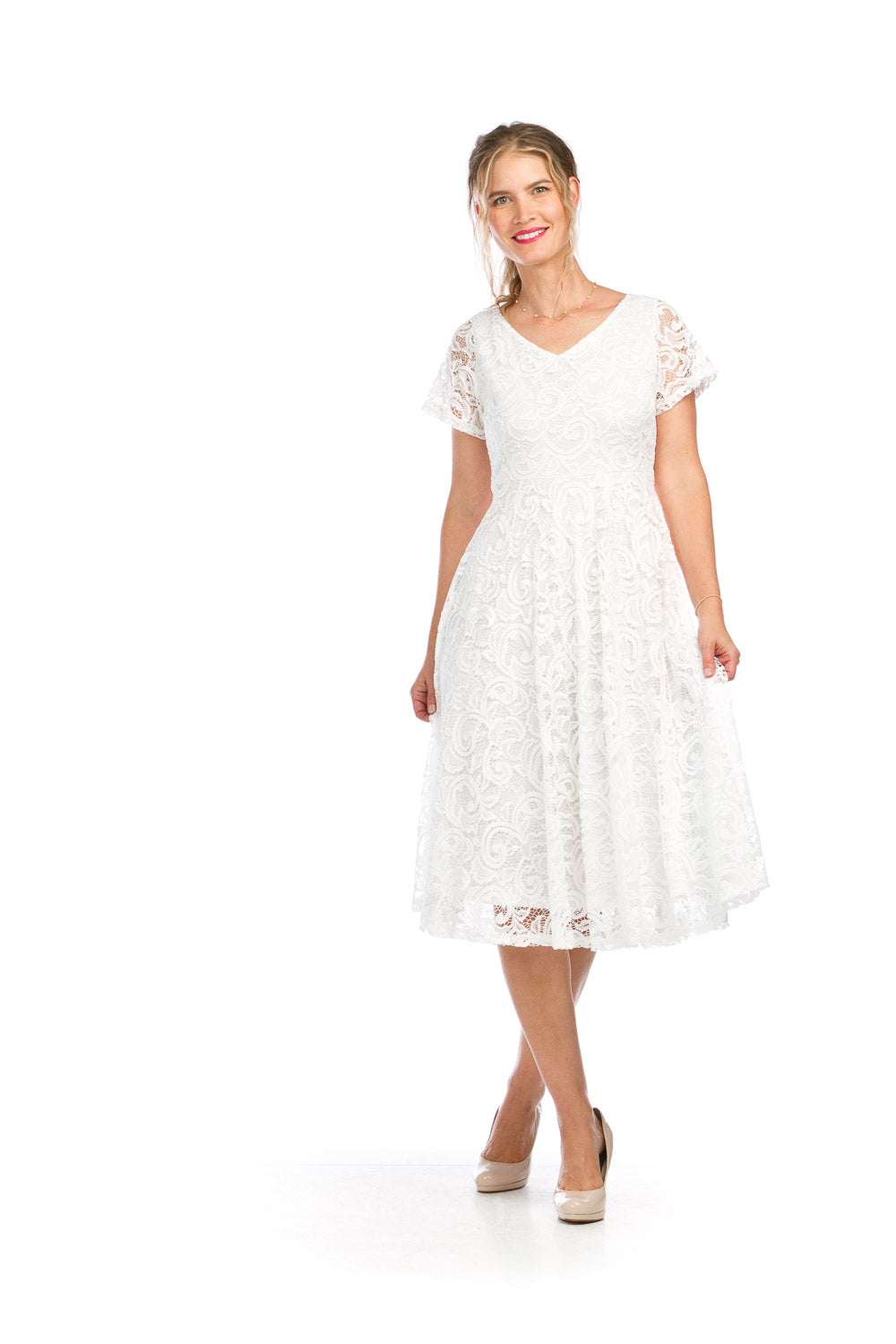 PD16582 WHITE Floral Lace Short Sleeve Midi Dress