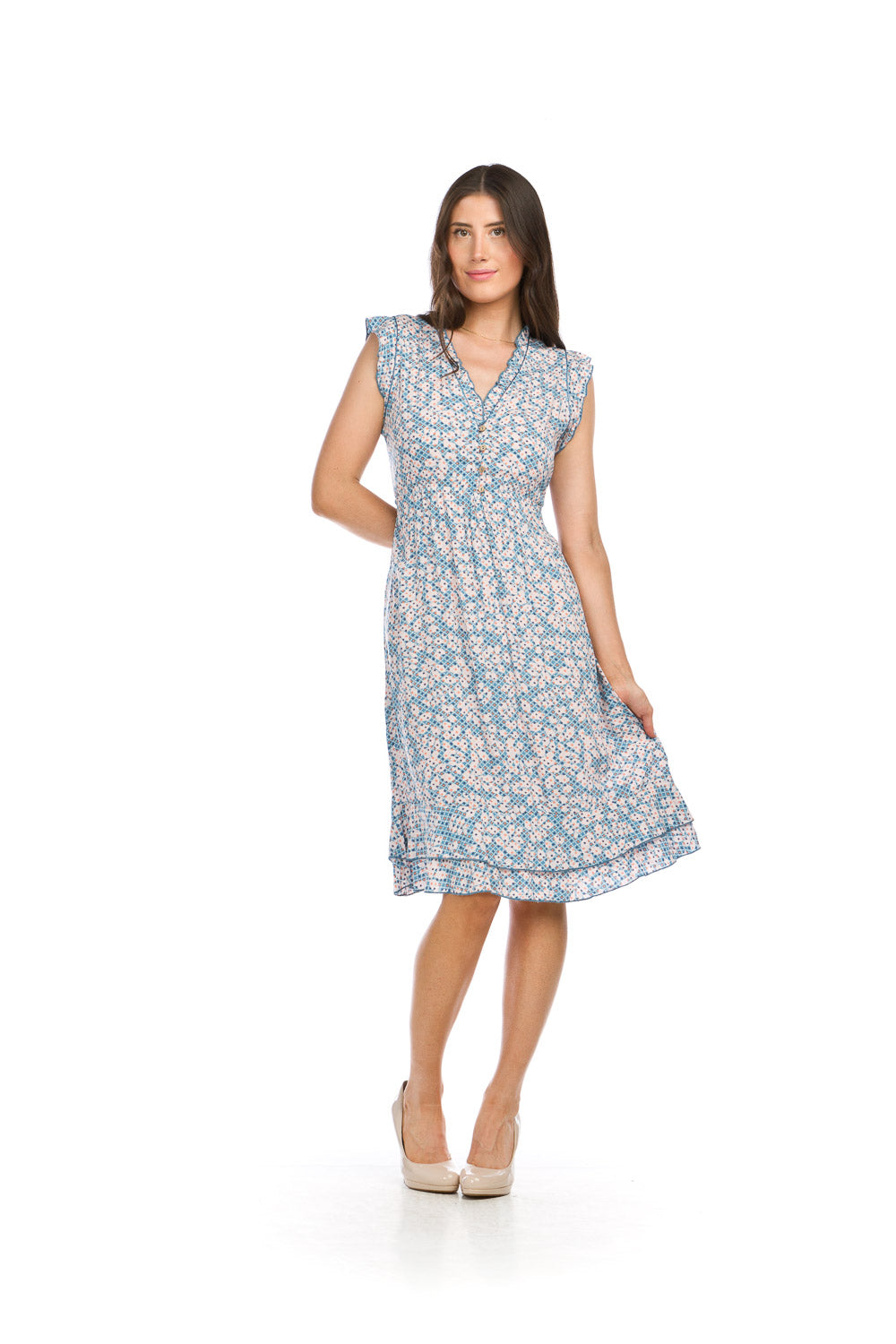 PD16585 BLUE Ditsy Ruffle Trim Dress w Elastic Waist & Tie Belt