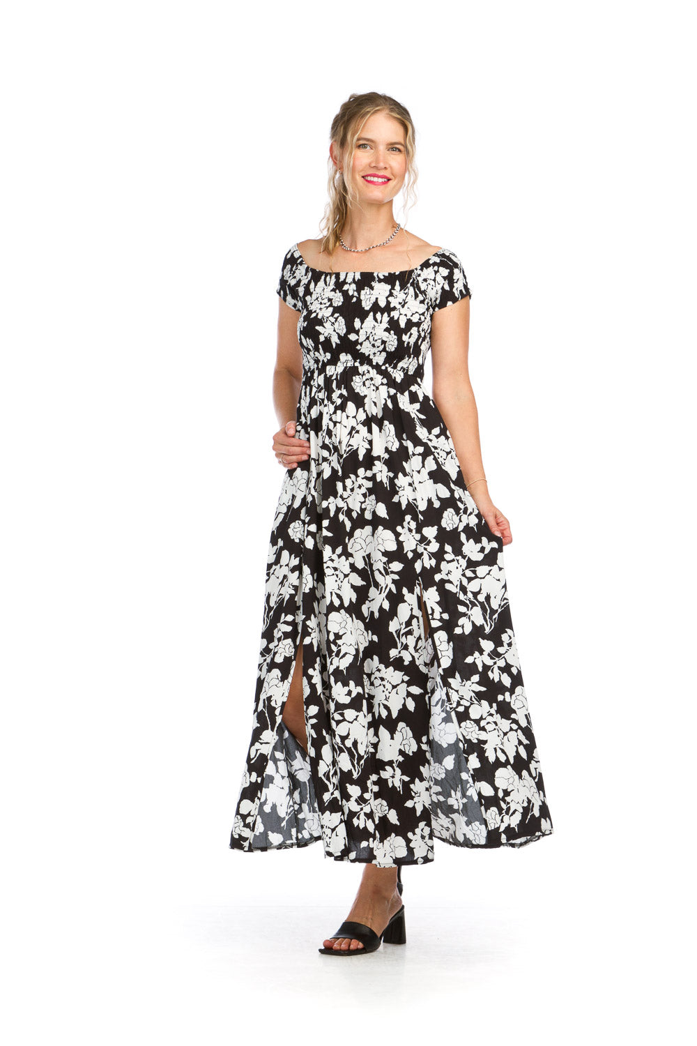 PD16589 BLACK Floral Smocked OTS Dress