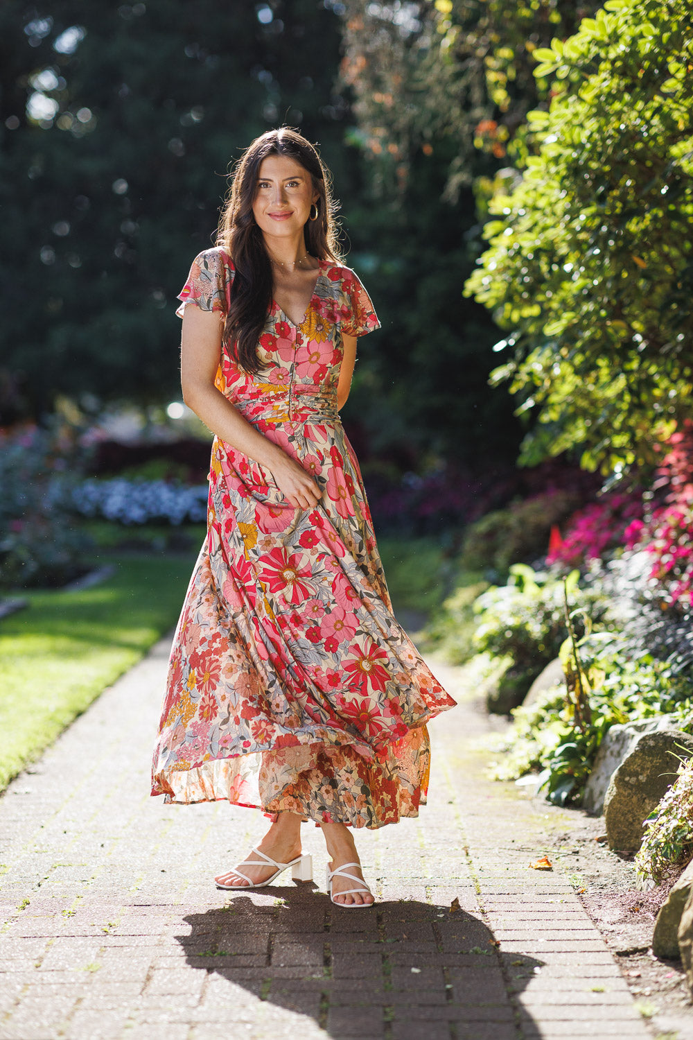 PD16596 MULTI Floral Maxi Dress with Pleated Waist & Pockets