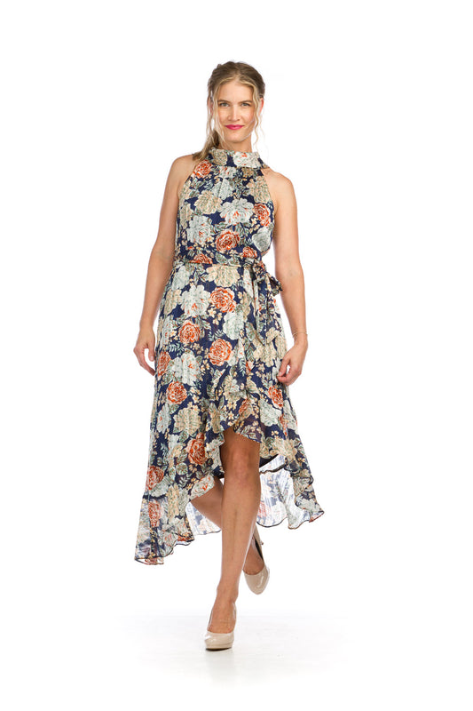 PD16599 NAVY Floral High Low Halter Dress with Lurex