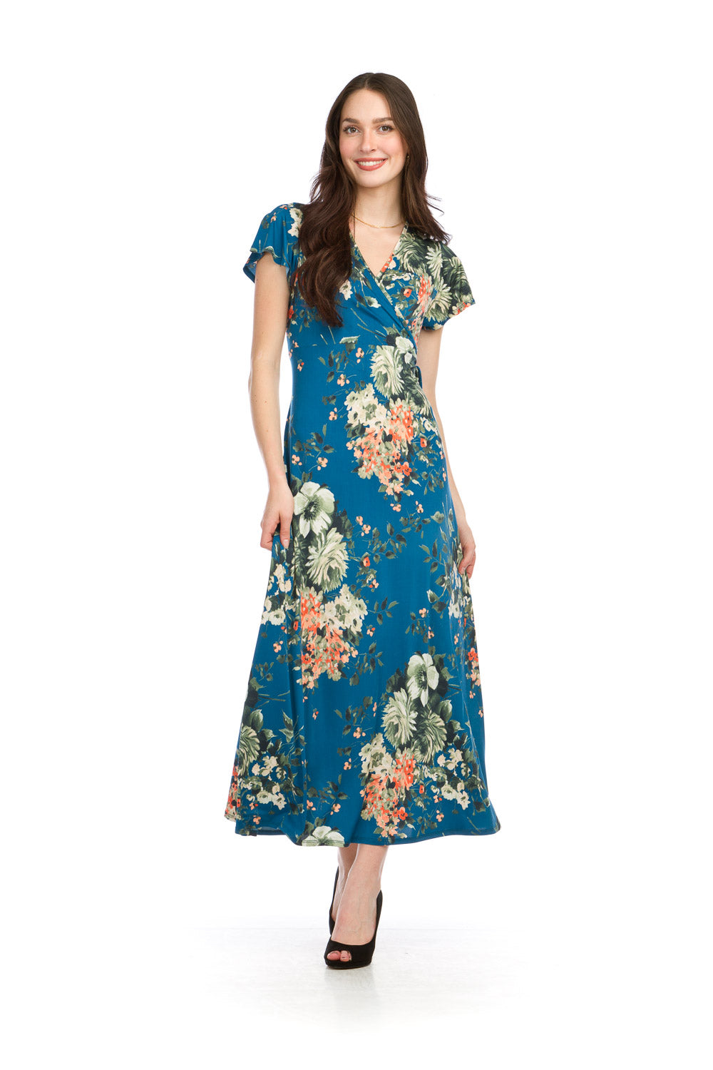 PD16608 ROYAL Floral Stretch Wrap Look Maxi Dress