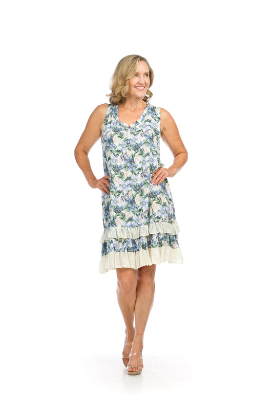 PD16610 BLUE Floral Print Ruffle Hem Dress