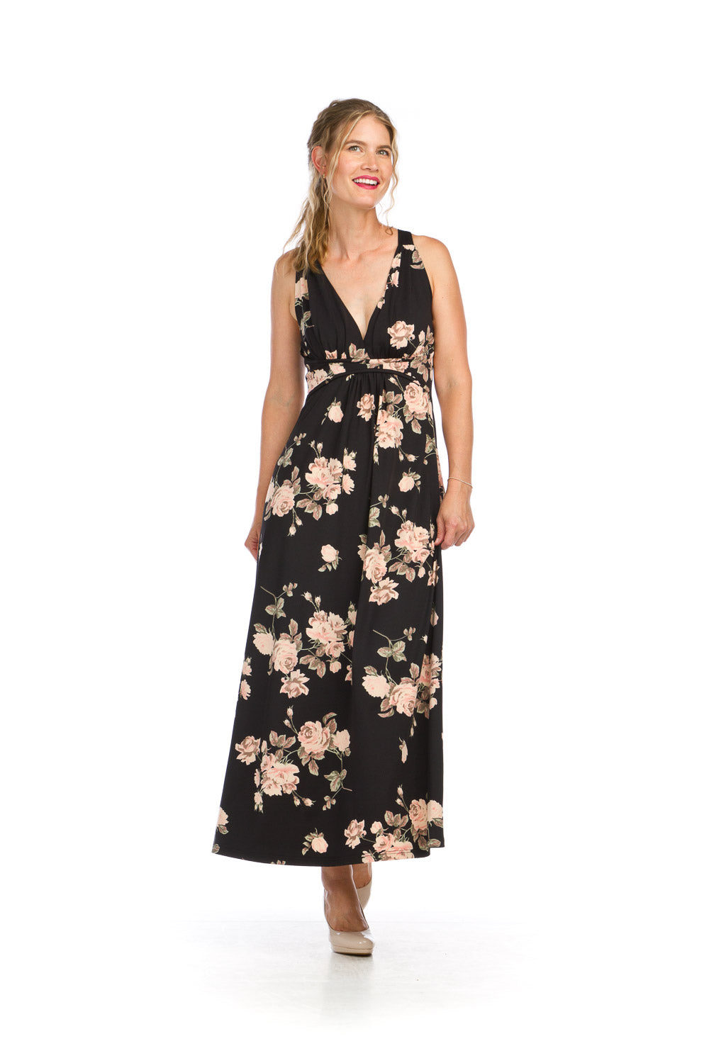 PD16613 BLACK Rose Print Grecian Maxi Dress
