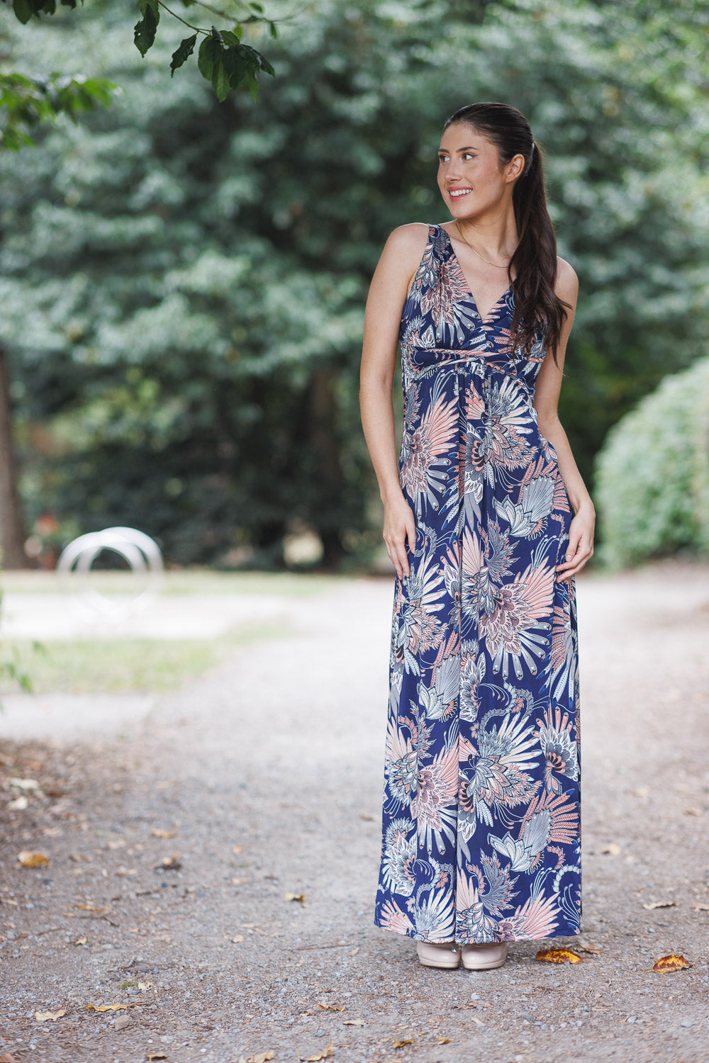 PD16614 BLUE Fan Print Grecian Maxi Dress